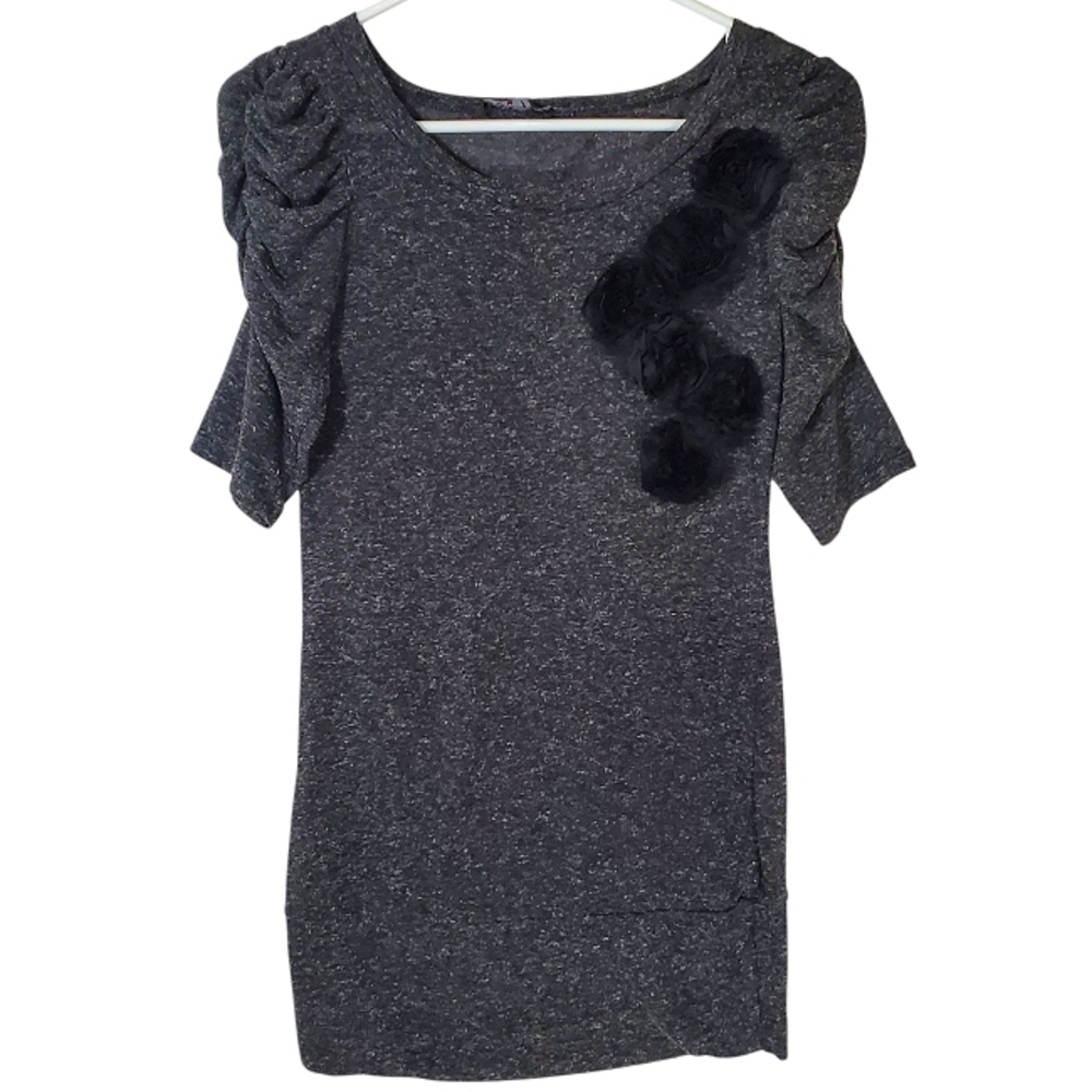 2385 * 579 Floral Embellished Tunic Top Charcoal Gray Size M Vintage 80s 90s